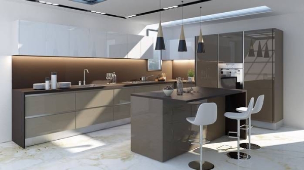 L - Shaped Modular Kitchen with Kitchen Island & Pendant Lights over it, Upper Cabinets, Under Cabinet Lighting & Tall Units