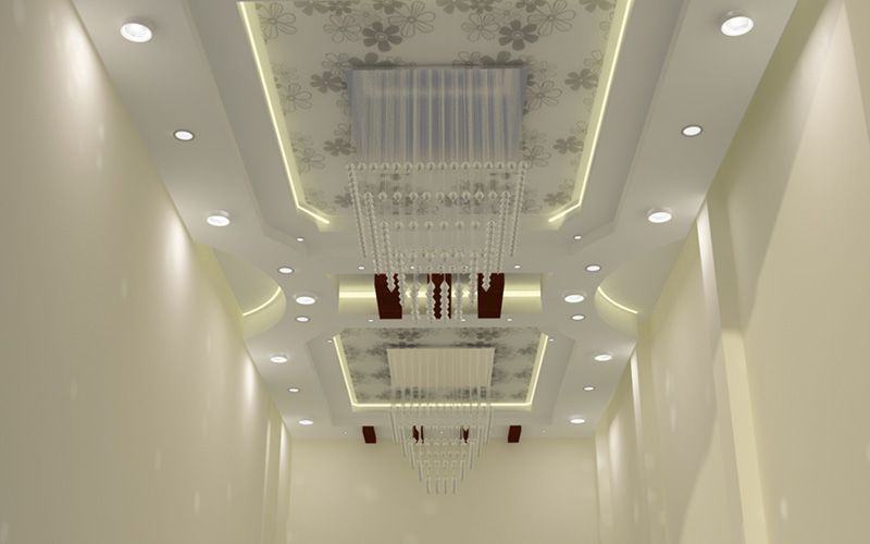 POP False Ceiling in Symmetrical Pattern Highlighted with Crystal Ceiling Lights& Recessed lights