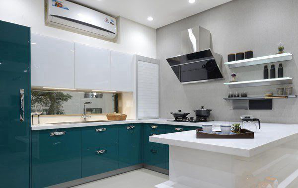 U-Shaped Modular Kitchen with Teal Blue & White Theme with Upper Cabinets, Under Cabinet Lighting, Wall Shelves & Recessed Lighting