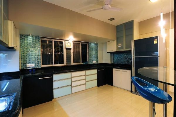 U-Shaped or C-Shaped Modular Kitchen with Black Granite Countertops